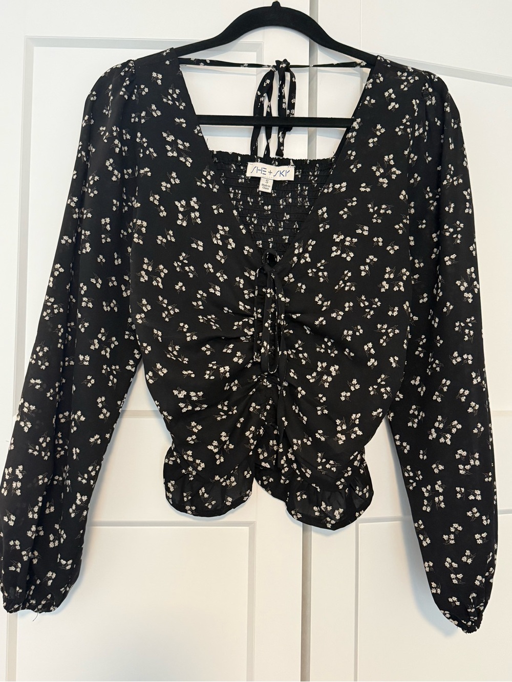 She + Sky Black Floral Ruched Tie-Front Long Sleeve Blouse